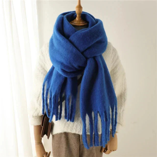 Blue Oversized Wool Blend Fringe Scarf on mannequin