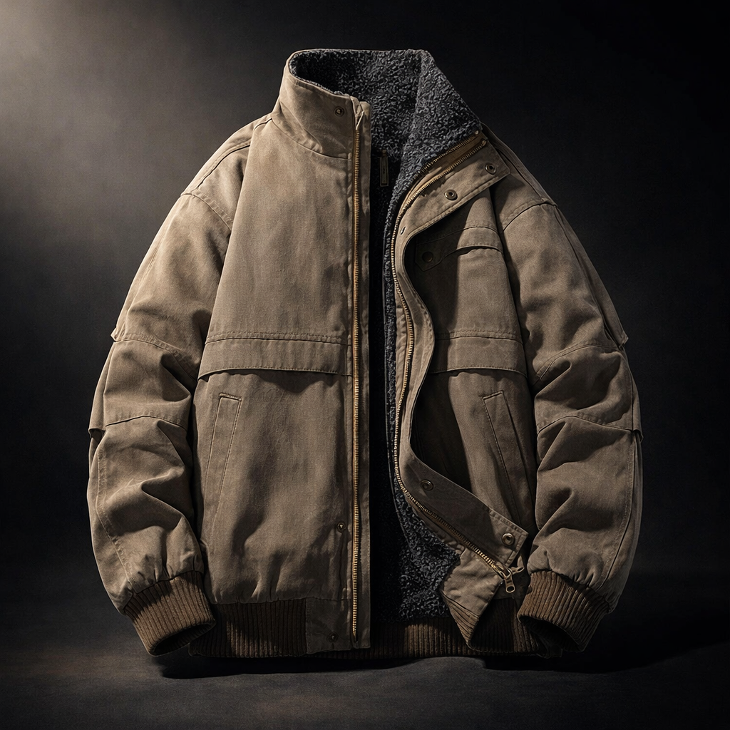 Brown Paneled Fleece-Lined Jacket worn front view