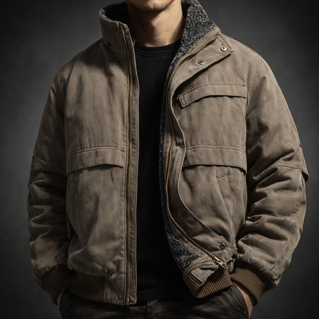 Brown Paneled Fleece-Lined Jacket worn angled view