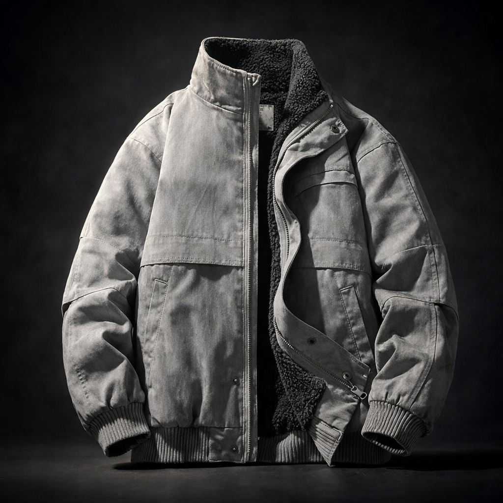 Light Gray Paneled Fleece-Lined Jacket worn front view
