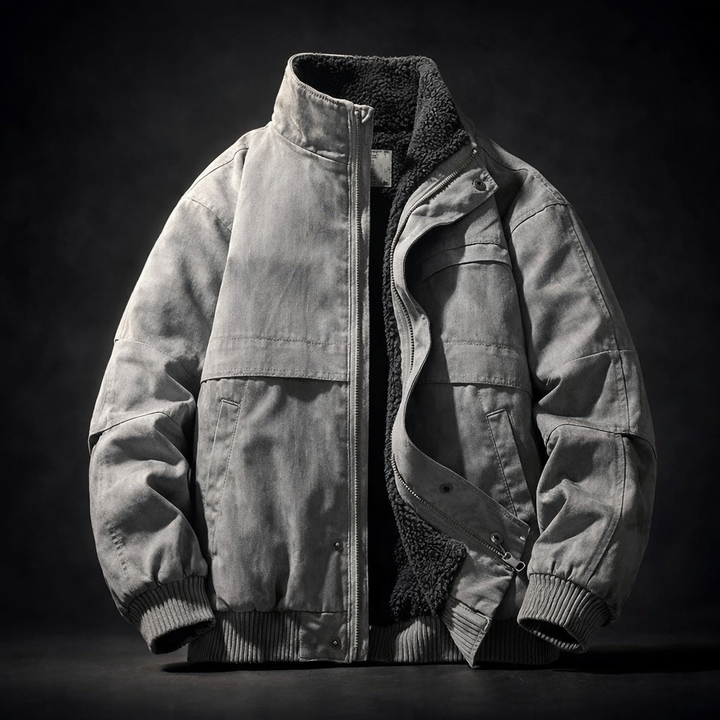 Light Gray Paneled Fleece-Lined Jacket worn front view