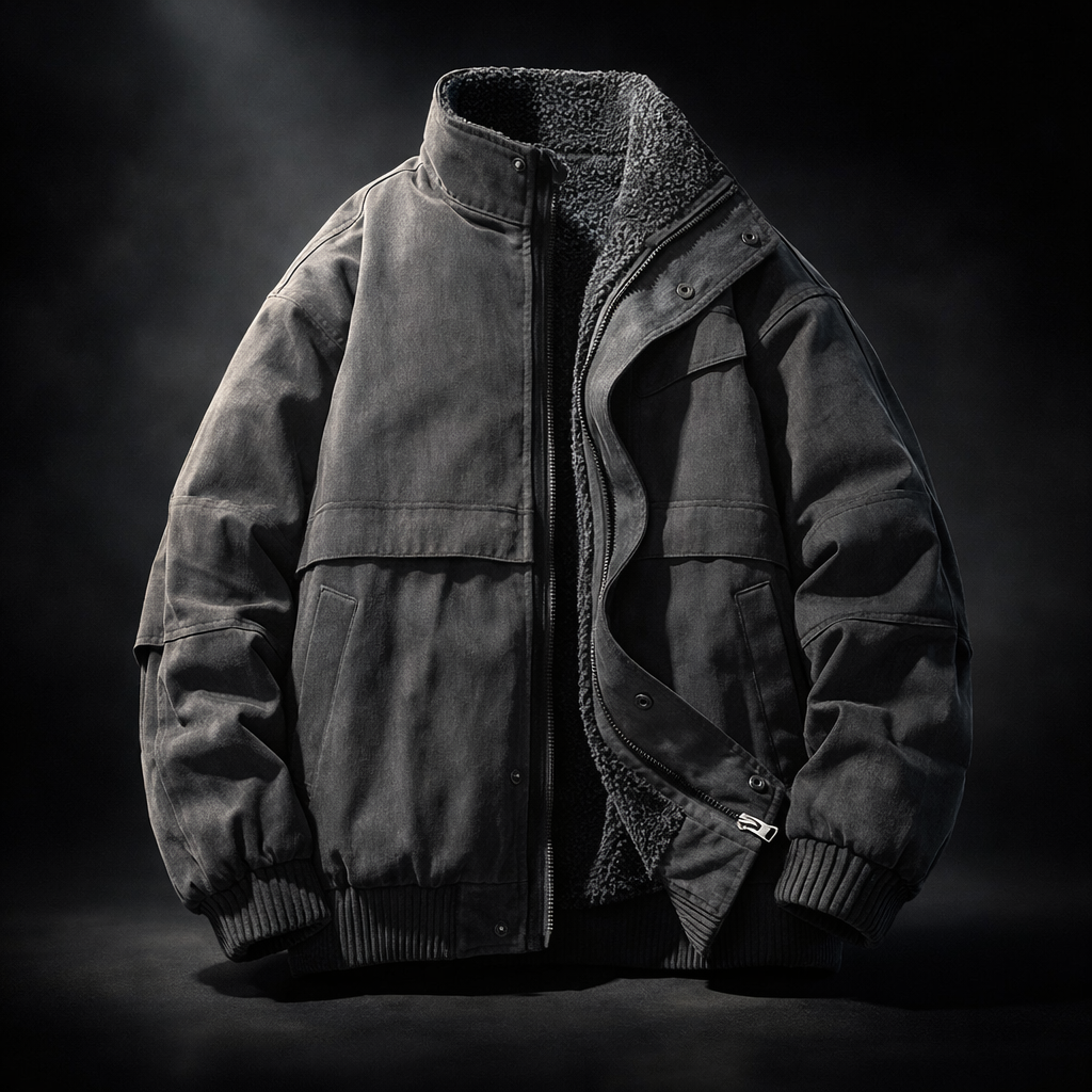Dark Gray Paneled Fleece-Lined Jacket worn front view