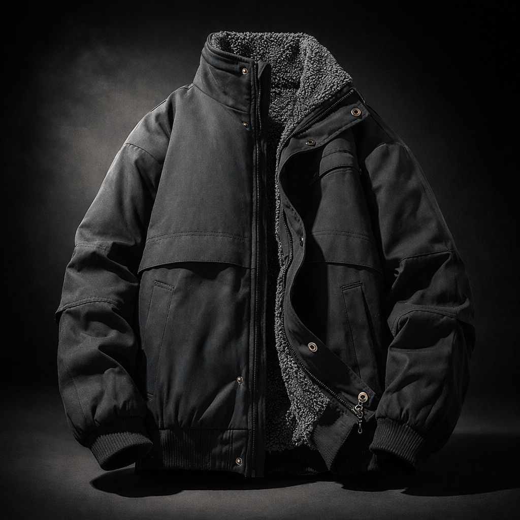Black Paneled Fleece-Lined Jacket worn front view