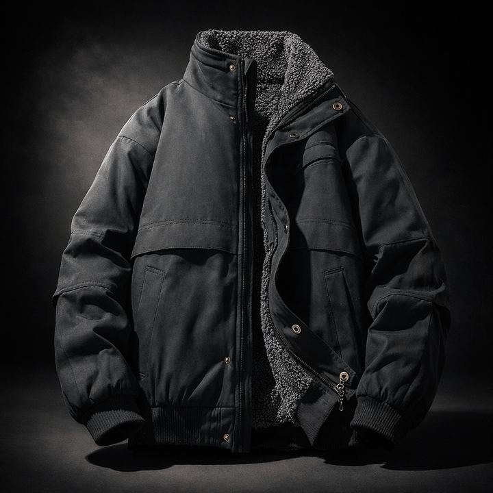 Black Paneled Fleece-Lined Jacket worn front view