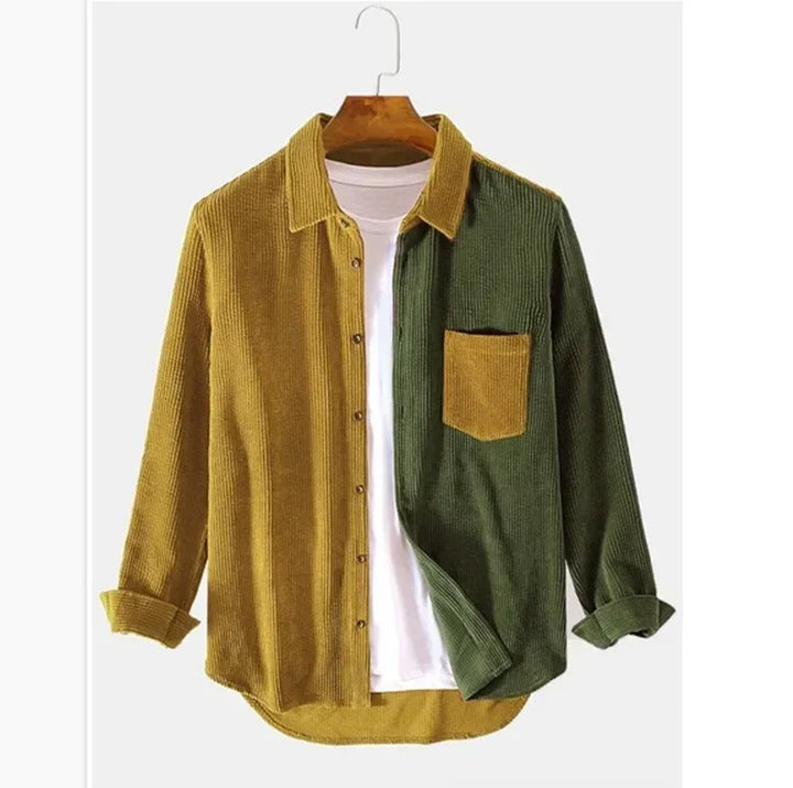 Yellow Green Patchwork Corduroy Shirt on hanger front view