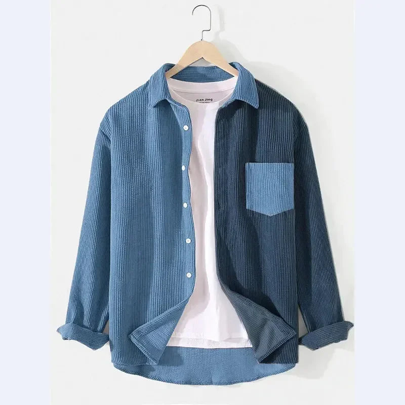 Blue Patchwork Corduroy Shirt on hanger front view