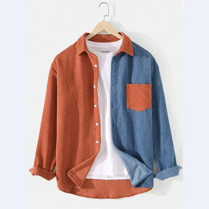 Orange Patchwork Corduroy Shirt on hanger front view