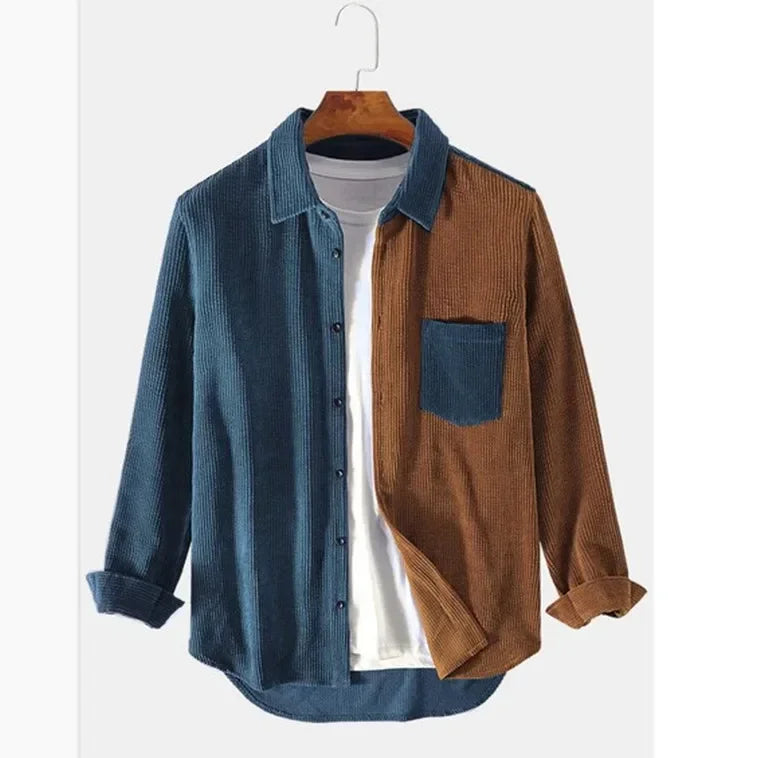 Blue Brown Patchwork Corduroy Shirt on hanger front view