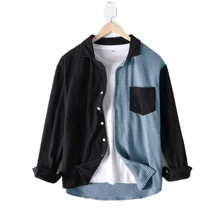 Dark Blue Patchwork Corduroy Shirt on hanger front view