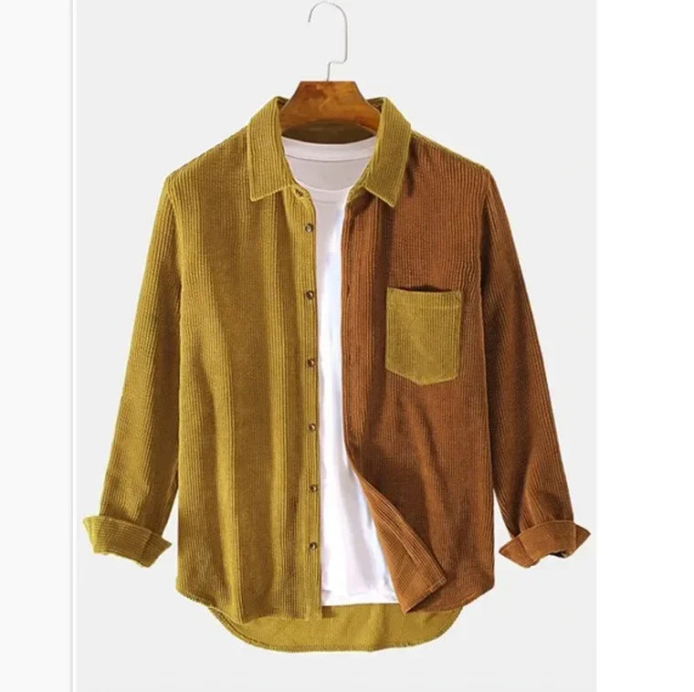 Yellow Brown Patchwork Corduroy Shirt on hanger front view