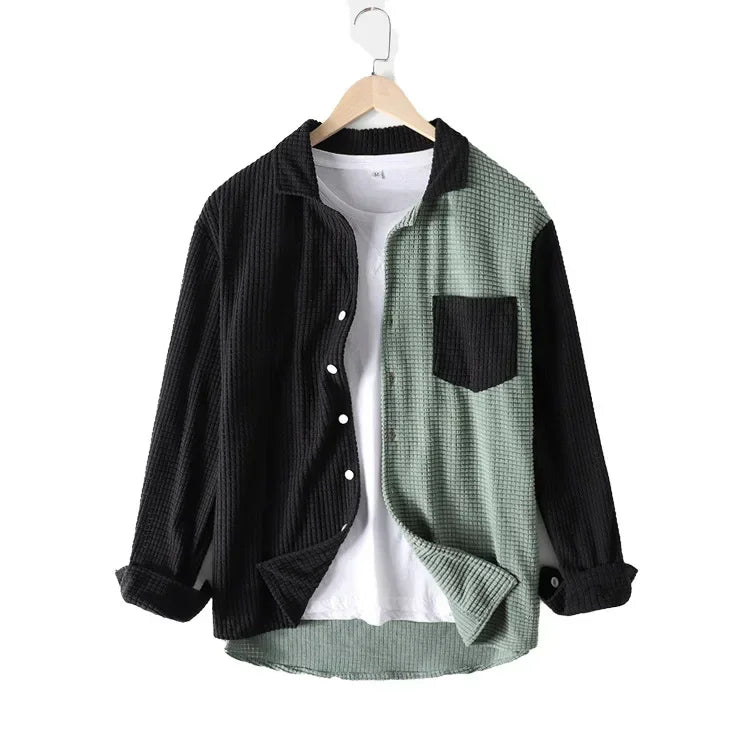 Green Patchwork Corduroy Shirt on hanger front view