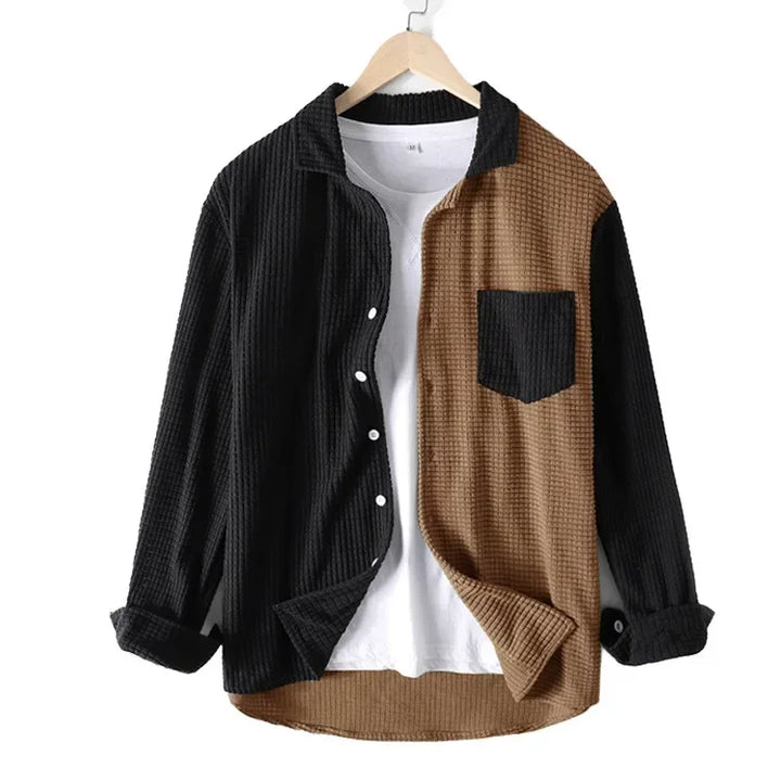 Brown Patchwork Corduroy Shirt on hanger front view