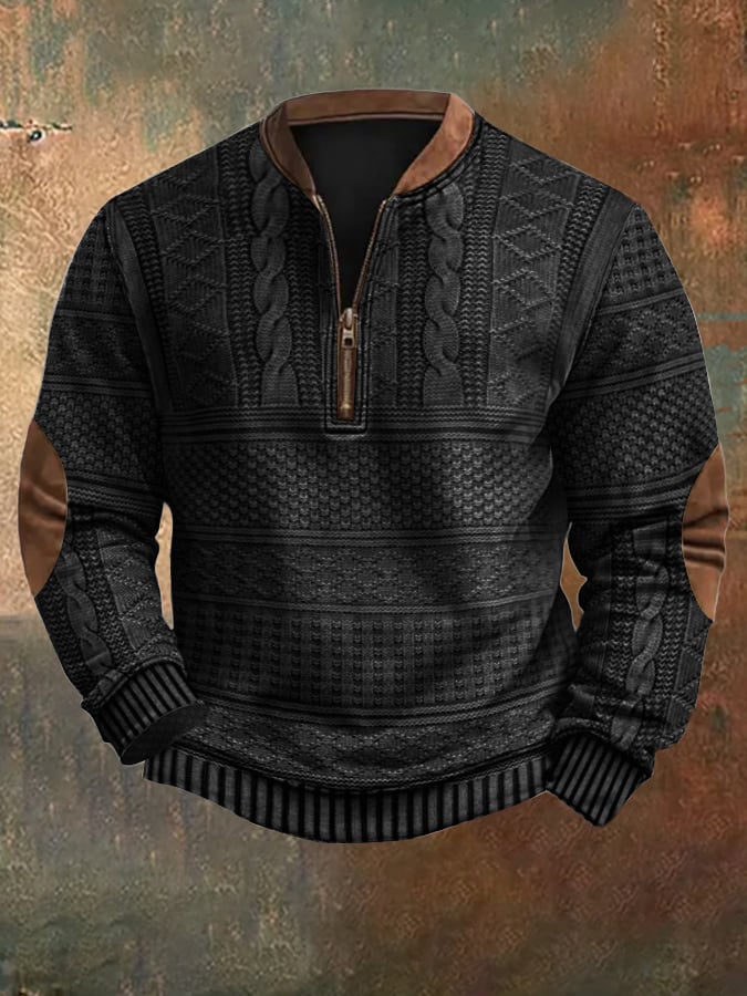Black Patterned Quarter-Zip Sweater front view
