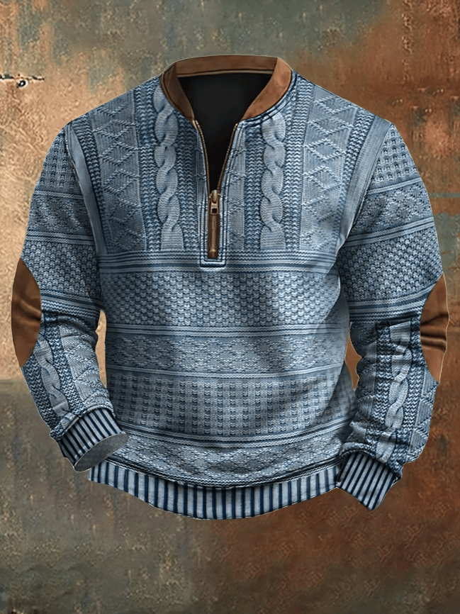 Blue Patterned Quarter-Zip Sweater front view