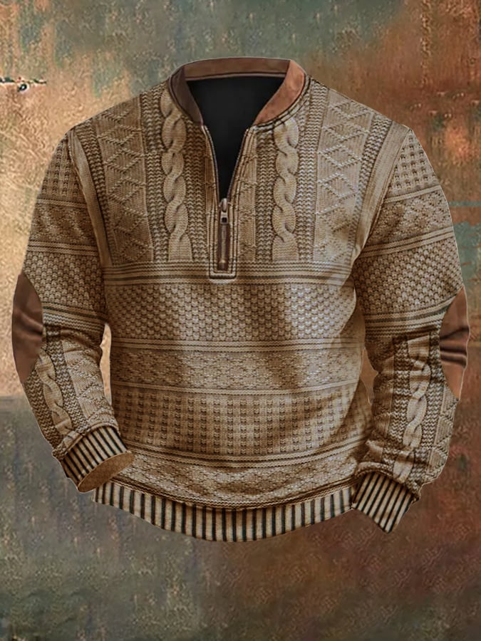 Khaki Patterned Quarter-Zip Sweater front view