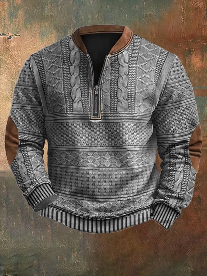 Gray Patterned Quarter-Zip Sweater front view