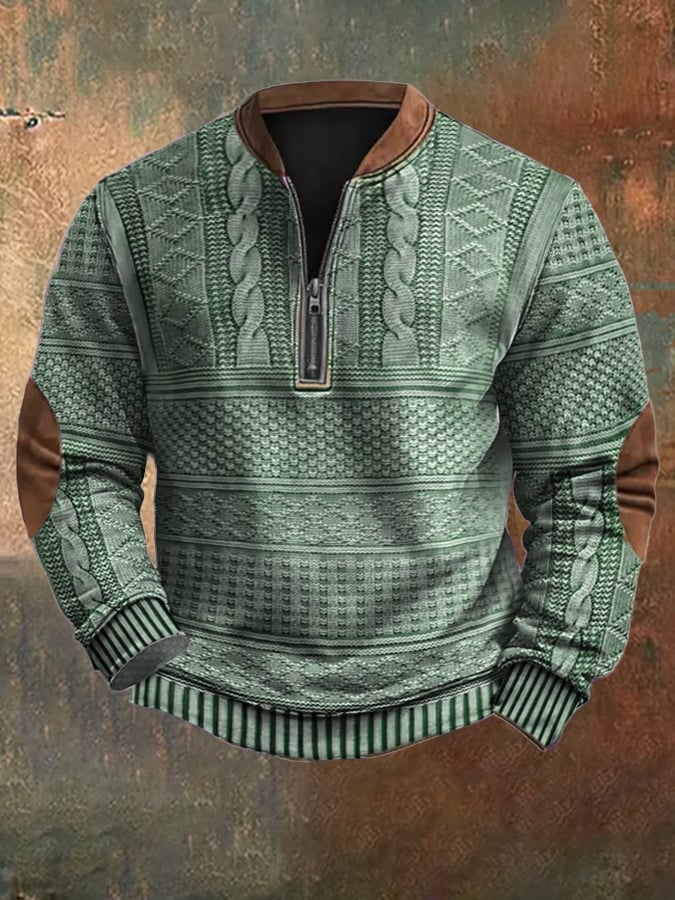 Green Patterned Quarter-Zip Sweater front view