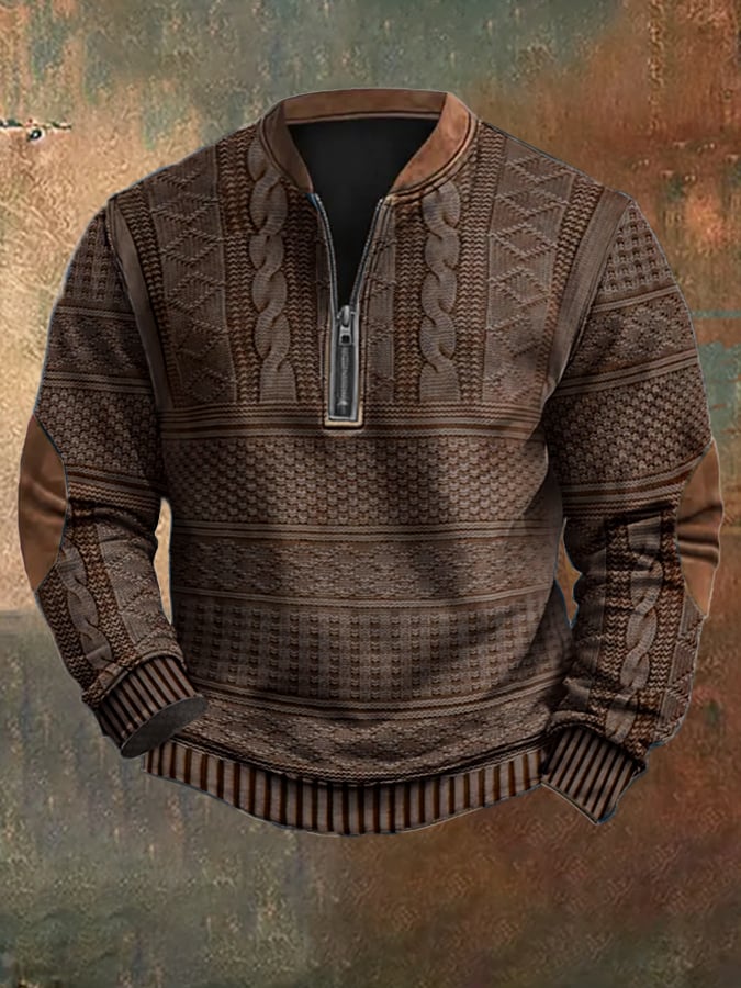 Coffee Patterned Quarter-Zip Sweater front view