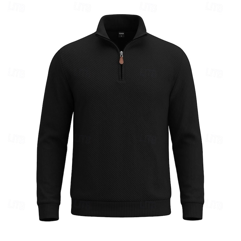 Diagonal Rib Quarter-Zip Sweater with Stand Collar