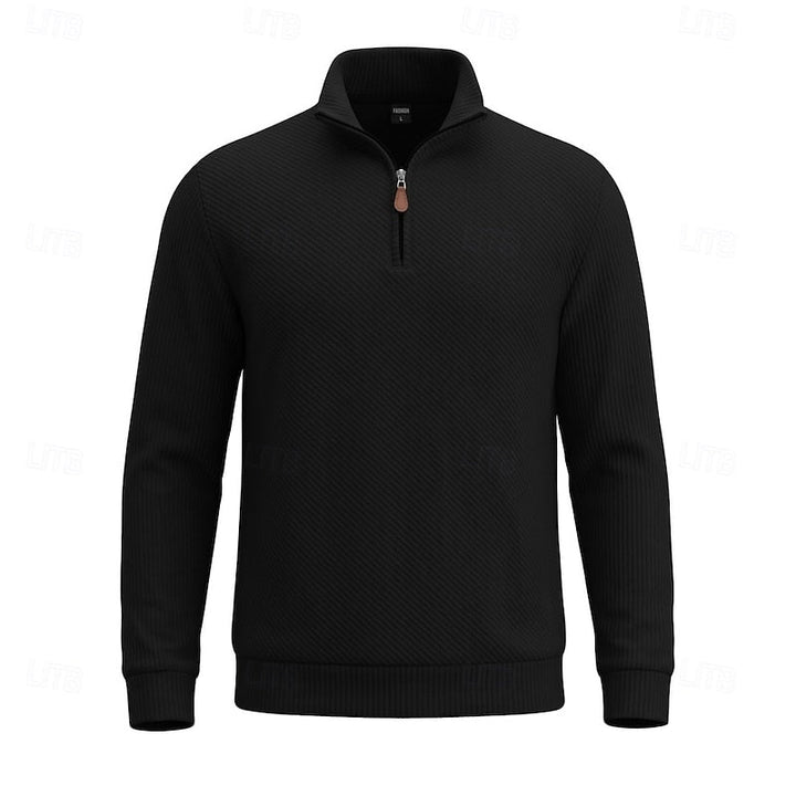 Diagonal Rib Quarter-Zip Sweater with Stand Collar