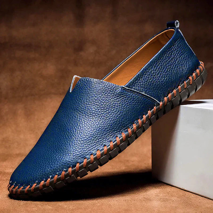 Navy Blue Pebbled Leather Loafers side profile