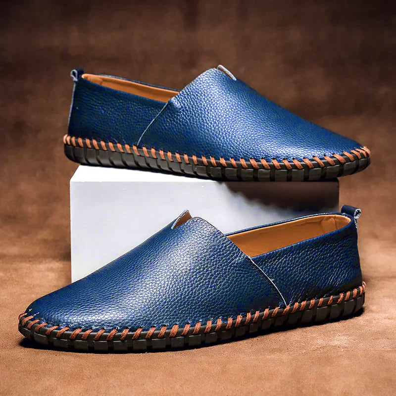 Navy Blue Pebbled Leather Loafers pair angled view
