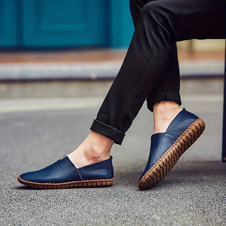Navy Blue Pebbled Leather Loafers worn lifestyle