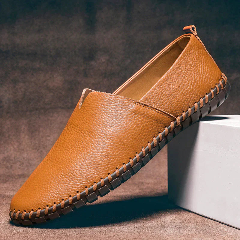 Tan Pebbled Leather Loafers side profile