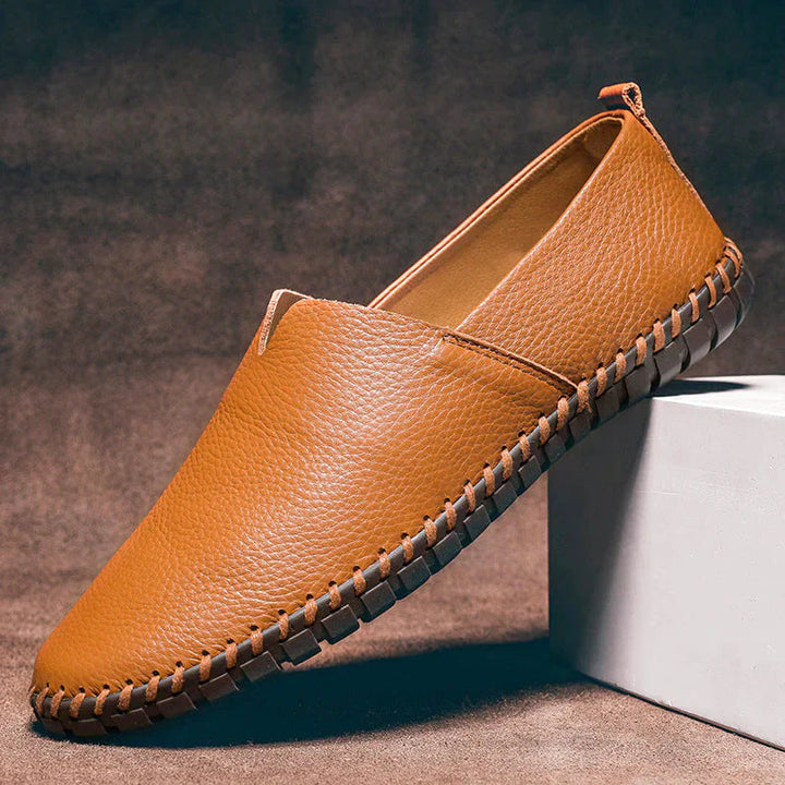 Tan Pebbled Leather Loafers side profile