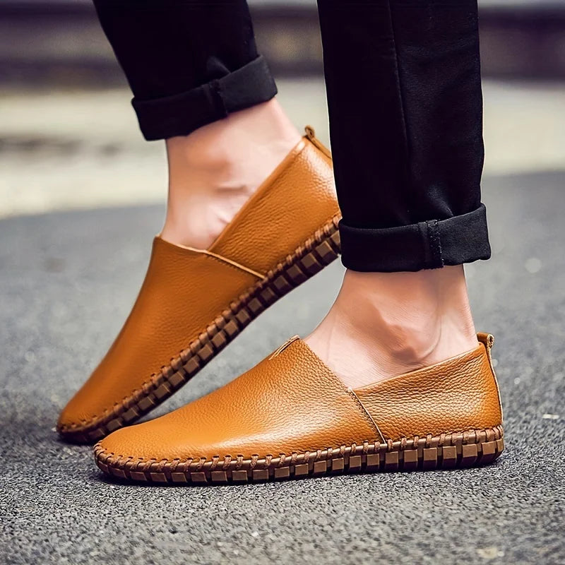 Tan Pebbled Leather Loafers worn lifestyle