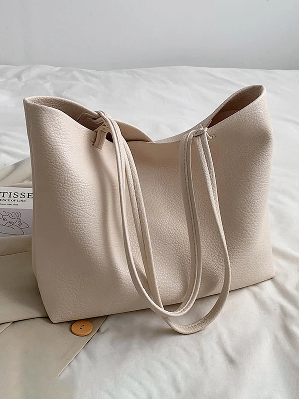 Beige Pebbled Slouch Tote Bag front view