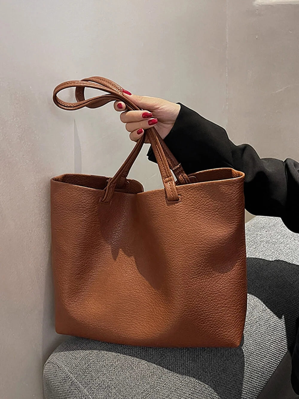 Brown Pebbled Slouch Tote Bag carried lifestyle view