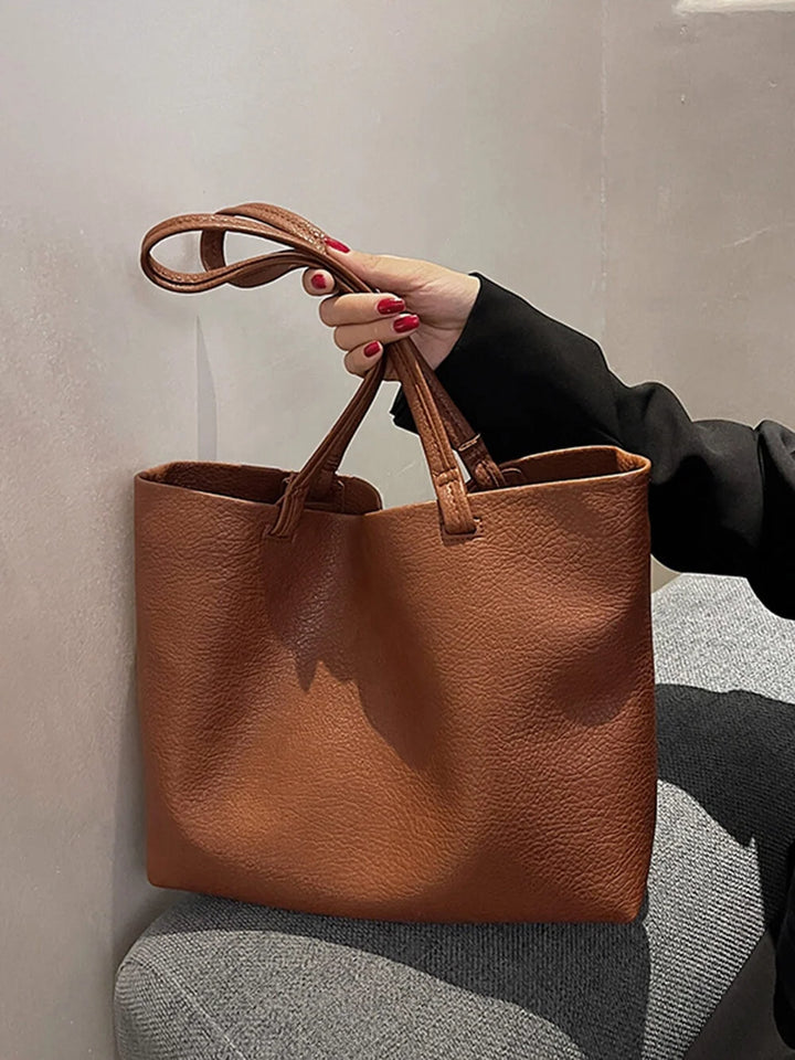 Brown Pebbled Slouch Tote Bag carried lifestyle view