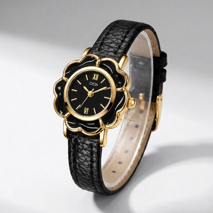 Black Petal Case Leather Watch three-quarter view
