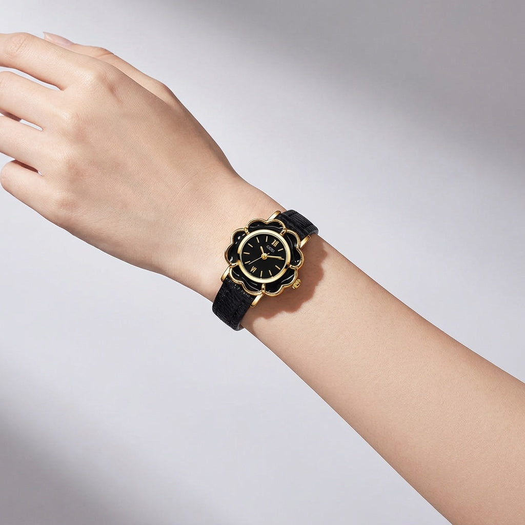 Black Petal Case Leather Watch worn on wrist
