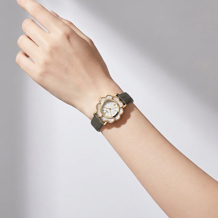 Grey Petal Case Leather Watch worn on wrist