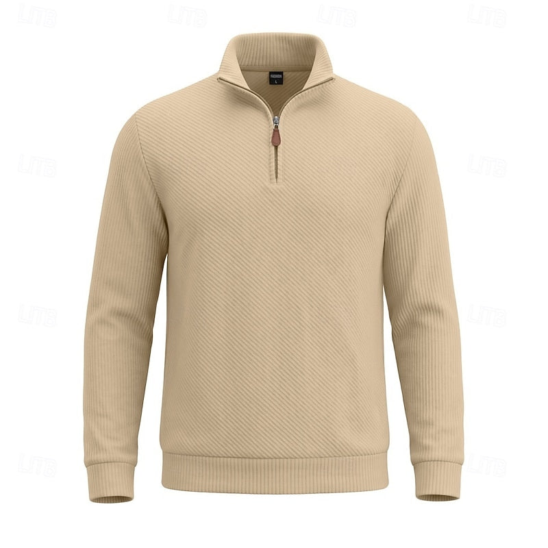 Diagonal Rib Quarter-Zip Sweater with Stand Collar