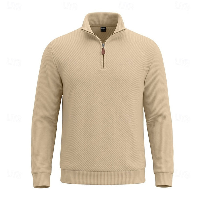 Diagonal Rib Quarter-Zip Sweater with Stand Collar