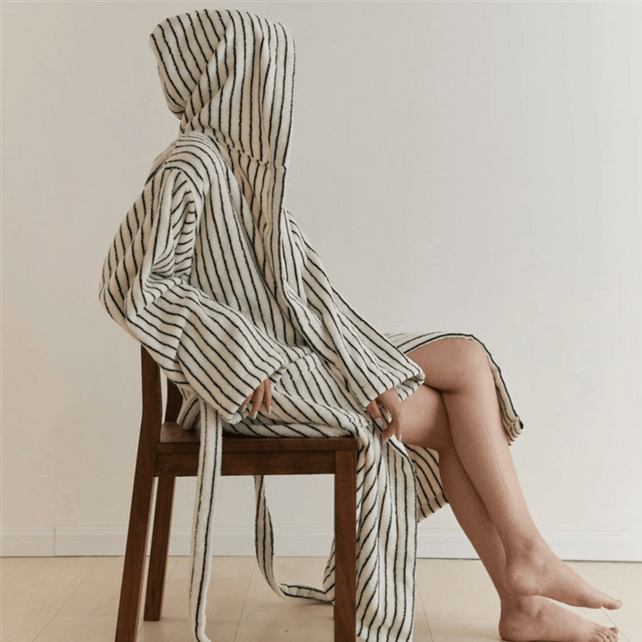 Black & White Pinstripe Organic Cotton Robe seated lifestyle