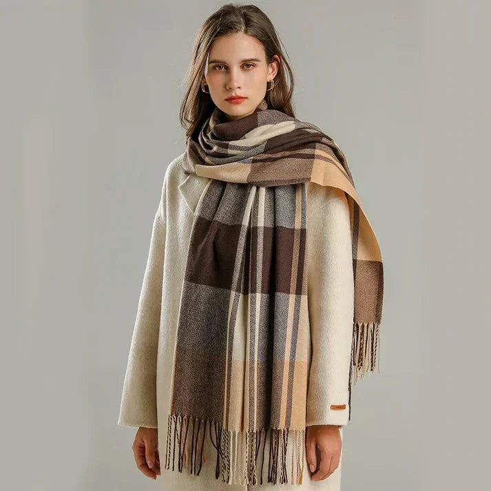 Brown Plaid Blanket Scarf worn front view