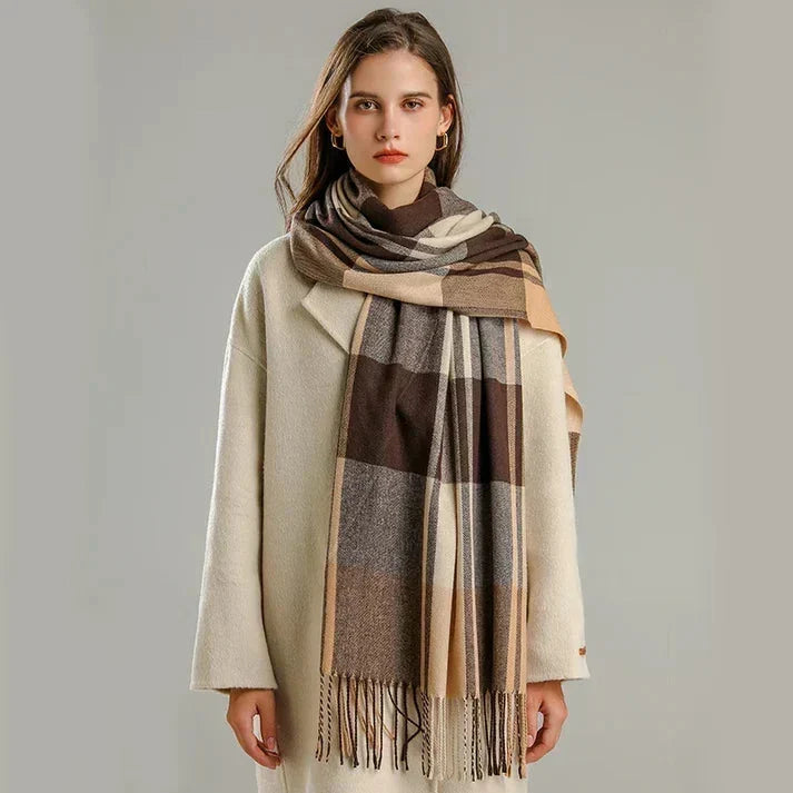 Brown Plaid Blanket Scarf worn close view