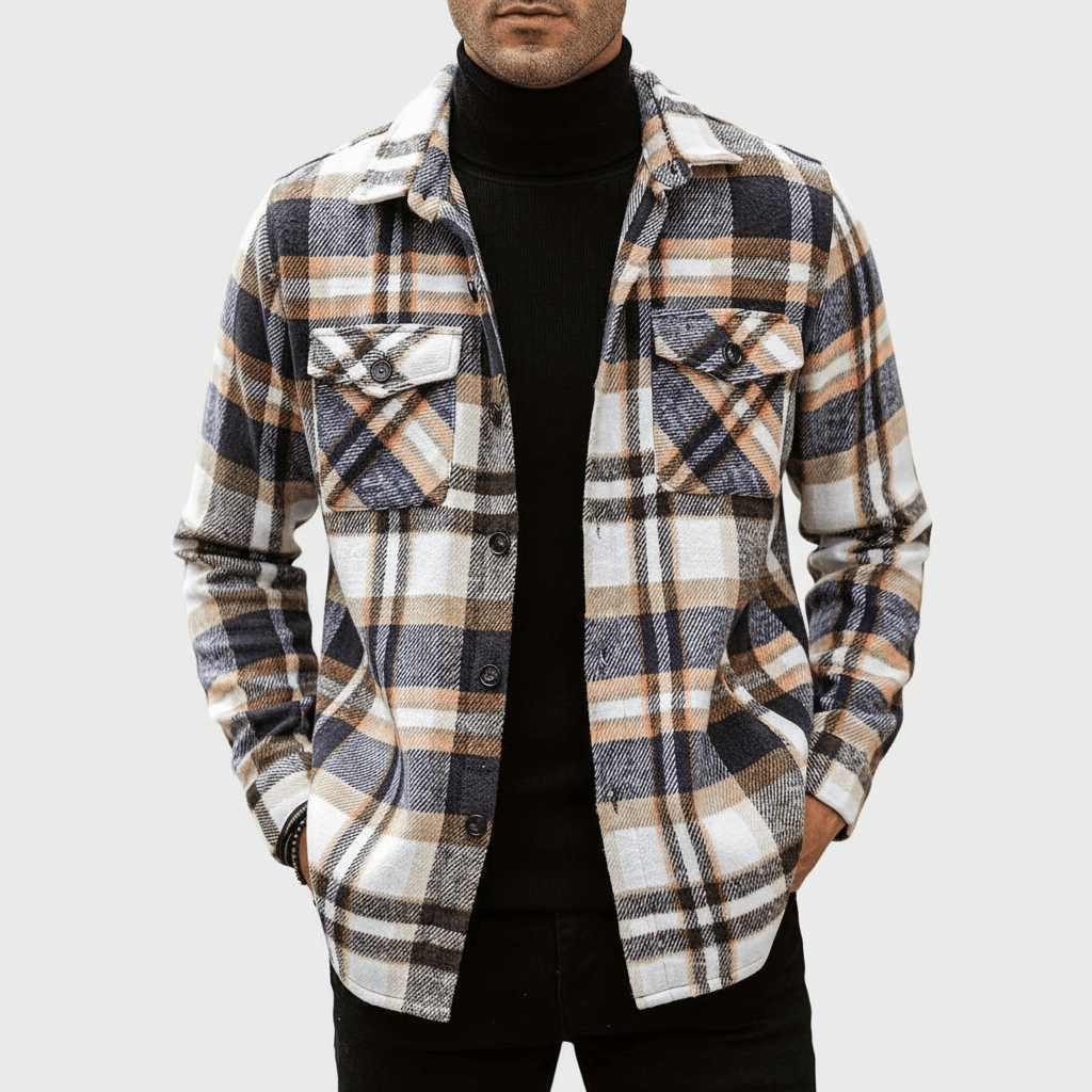 Cream and White Plaid Shirt Jacket front view