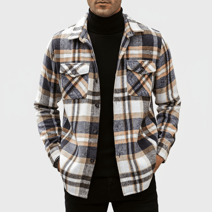 Cream and White Plaid Shirt Jacket front view
