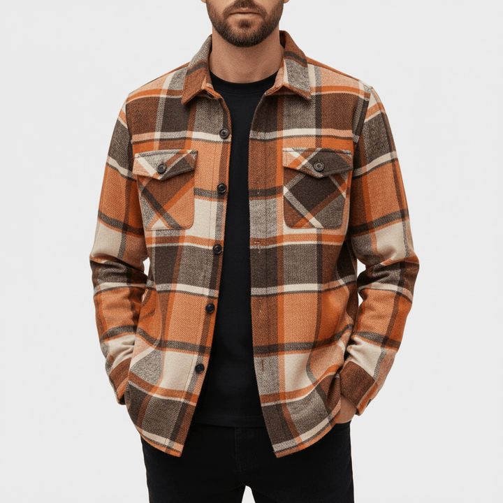 Orange Plaid Shirt Jacket front view