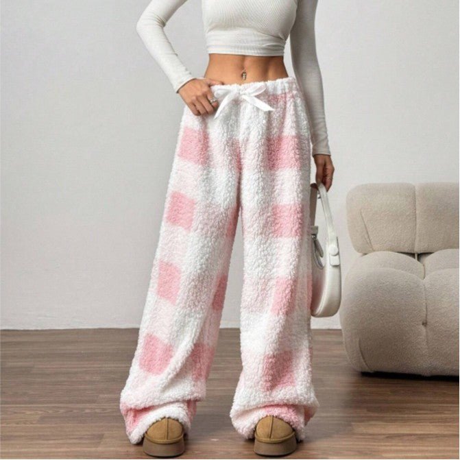 Pink Plaid Wide-Leg Fleece Pajama Pants worn front view