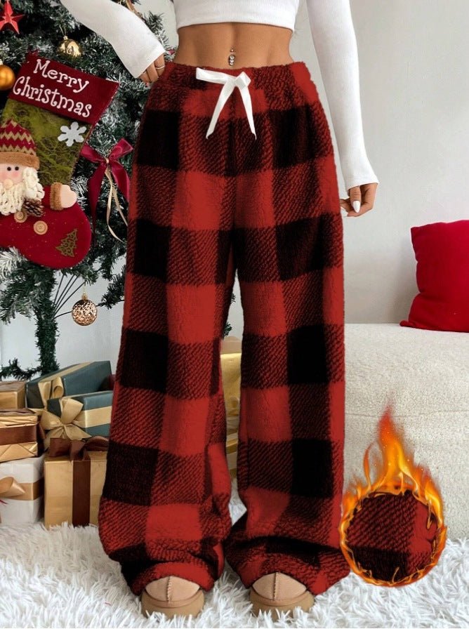 Red and Black Plaid Wide-Leg Fleece Pajama Pants worn front view
