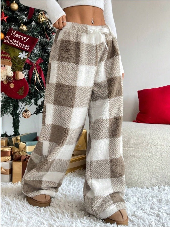 Khaki Plaid Wide-Leg Fleece Pants front view