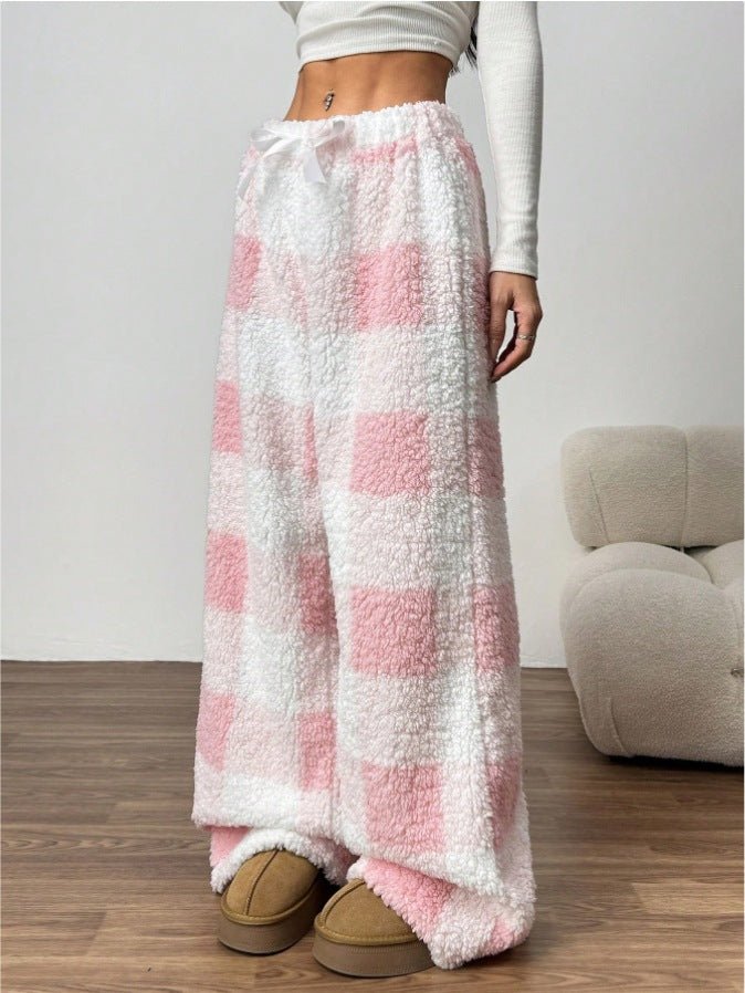 Pink Plaid Wide-Leg Fleece Pants close front view