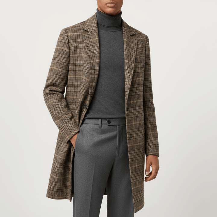 Brown Plaid Wool-Blend Overcoat front view worn open