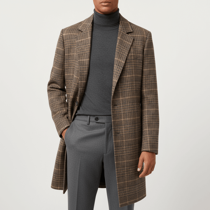 Brown Plaid Wool-Blend Overcoat angled view